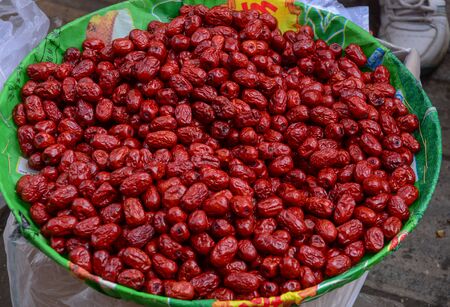 Red date (Chinese date) dried fruits for sale at the Chinese market.の写真素材