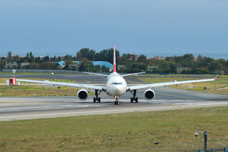 Istanbul, Turkey - Sep 30, 2018. A Boeing 737-800 airplane of Turkish Airlines taxiing on runway of Istanbul Ataturk Airport (IST).のeditorial素材