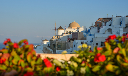 Santorini, Greece - Oct 4, 2018. Landscape of beautiful Santorini Island. Santorini is one of the most popular islands for destination weddings and honeymoons.のeditorial素材