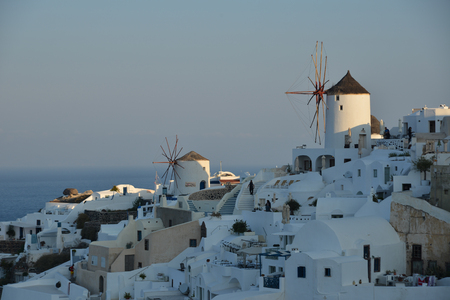 Landscape of beautiful Santorini Island. Santorini is one of the most popular islands for destination weddings and honeymoons.のeditorial素材