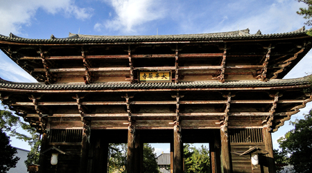 Nara, Japan - Nov 28, 2013. Wooden gate of Todaiji Temple. Todaiji is one of tourist popular landmarks and Japanese temple in Nara city.のeditorial素材