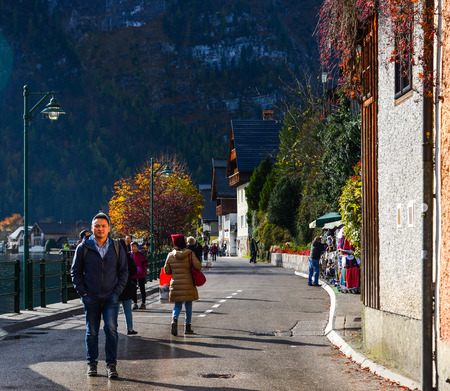 Hallstatt, Austria - Oct 15, 2018. Old town of Hallstatt, Austria. Hallstatt is a charming lakeside village in the Alps.のeditorial素材
