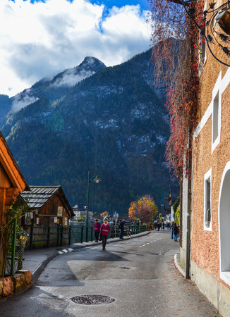 Hallstatt, Austria - Oct 15, 2018. Old town of Hallstatt, Austria. Hallstatt is a charming lakeside village in the Alps.のeditorial素材