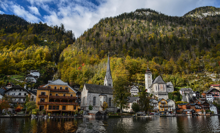 Hallstatt, Austria - Oct 25, 2018. Beautiful Hallstatt Village of Austria. Hallstatt is a charming lakeside village in the Alps.のeditorial素材