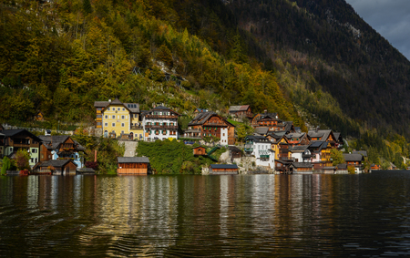 Hallstatt, Austria - Oct 25, 2018. Beautiful Hallstatt Village of Austria. Hallstatt is a charming lakeside village in the Alps.のeditorial素材