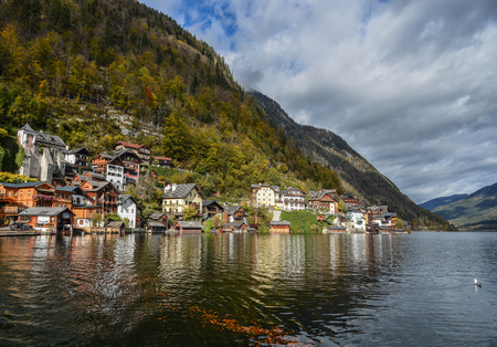Hallstatt, Austria - Oct 25, 2018. Beautiful Hallstatt Village of Austria. Hallstatt is a charming lakeside village in the Alps.のeditorial素材