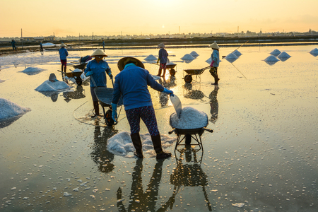 Nha Trang, Vietnam - Mar 21, 2016. People working on salt field at summer in Nha Trang, Vietnam. Salt fields is one of the most unique destinations in Nha Trang.のeditorial素材