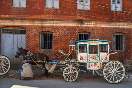 Pyin Oo Lwin, Myanmar - Feb 12, 2017. Horse carts in Pyin Oo Lwin, Myanmar. Pyin Oo Lwin is a scenic hill town in Mandalay Division.のeditorial素材