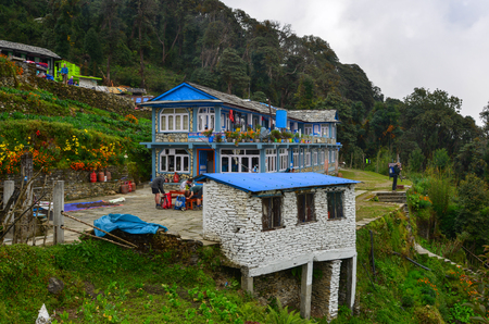 Tadapani, Nepal - Oct 21, 2017. Local house at mountain village at base camp path of Annapurna Massif, Nepal.のeditorial素材