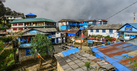 Tadapani, Nepal - Oct 21, 2017. Local house at mountain village at base camp path of Annapurna Massif, Nepal.