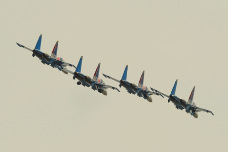 Langkawi, Malaysia - Mar 30, 2019. Su-30SM fighter jets belonging to the Russian Knights aerobatic demonstration team performing at Langkawi Airport (LGK).の写真素材