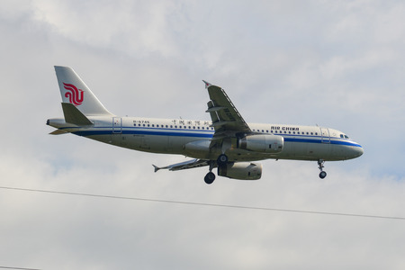 Phuket, Thailand - Apr 4, 2019. An Airbus A320 airplane of Air China (B-6745) landing at Phuket Airport (HKT).の写真素材