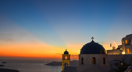 Ancient Greek Orthodox church at sunset on Santorini Island. Santorini is one of the most popular islands in the world.のeditorial素材