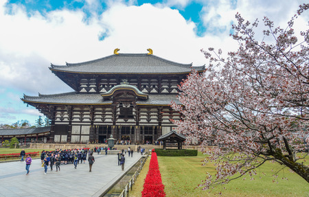 Nara, Japan - Apr 10, 2019. Ancient Buddhist temple Todai-ji with cherry blossom in Nara, Japan.のeditorial素材