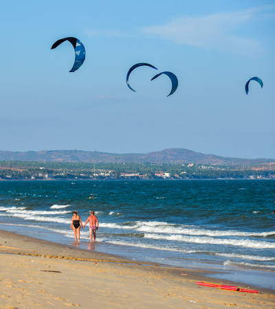 Phan Thiet, Vietnam - May 15, 2018. Seascape of Phan Thiet, Vietnam. Phan Thiet is a small town with many resorts and beautiful sandy beaches.のeditorial素材