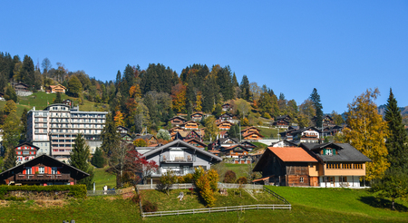 Grindelwald, Switzerland - Oct 20, 2018. Mountain town in Grindelwald, Switzerland. Grindelwald was one of the first tourist resorts in Europe.のeditorial素材