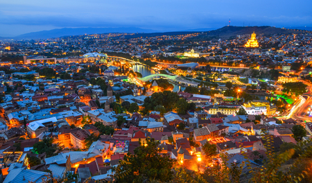 Tbilisi, Georgia - Sep 22, 2018. Night view of Tbilisi, Georgia. Tbilisi is the cultural heart of Georgia, and has long been the crossroads between Europe and Asia.のeditorial素材