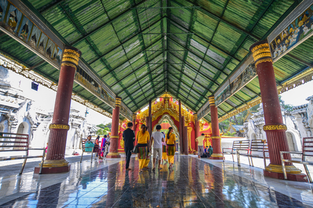 Mandalay, Myanmar - Feb 9, 2017. Interior of Kuthodaw Pagoda in Mandalay, Myanmar. Buddhism is the largest religion in Myanmar, most Burmese are Buddhist followers.のeditorial素材