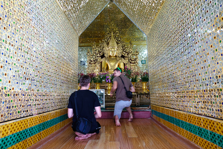 Mandalay, Myanmar - Feb 9, 2017. Interior of Kuthodaw Pagoda in Mandalay, Myanmar. Buddhism is the largest religion in Myanmar, most Burmese are Buddhist followers.のeditorial素材