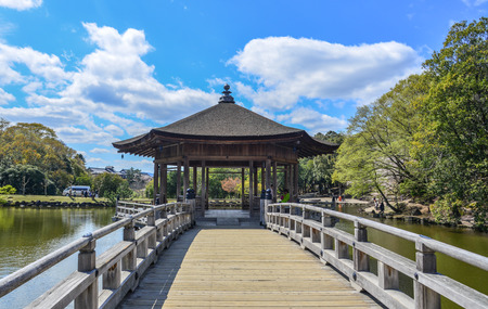 Nara, Japan - Apr 11, 2019. Ukimido Gazebo on Sagi-ike Pond at sunny day in Nara Park (Japan).のeditorial素材