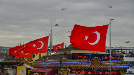 Istanbul, Turkey - Sep 28, 2018. Pleasure yachts at the pier with the flag of Istanbul, Turkey.のeditorial素材