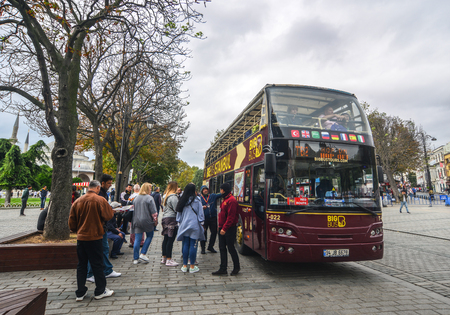 Istanbul, Turkey - Sep 27, 2018. Big Bus on old street in Istanbul. Big Bus Tours is the largest operator of open-top bus sightseeing tours in the world.のeditorial素材