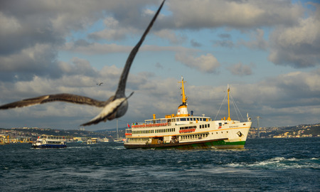 Istanbul, Turkey - Sep 28, 2018. Passenger ferry on Bosphorus Strait in Istanbul, Turkey. Bosphorus strait separates the European part from the Asian part of Istanbul.のeditorial素材