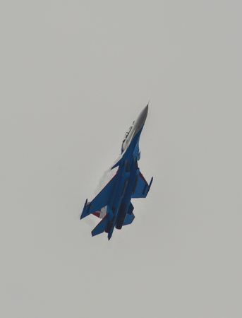 Langkawi, Malaysia - Mar 30, 2019. Su-30SM fighter jet belonging to the Russian Knights aerobatic...