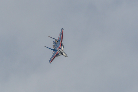 Langkawi, Malaysia - Mar 30, 2019. Su-30SM fighter jet belonging to the Russian Knights aerobatic demonstration team performing at Langkawi Airport (LGK).のeditorial素材