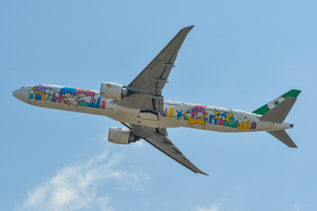 Saigon, Vietnam - Feb 25, 2019. B-16722 EVA Airways Boeing 777-300ER (Hello Kitty Shining Star Livery) taking-off from Tan Son Nhat Airport (SGN).のeditorial素材