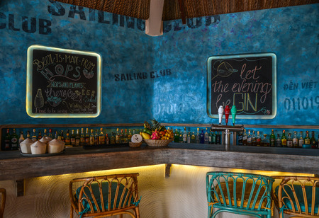 Phan Thiet, Vietnam - May 16, 2018. Luxury restaurant with open kitchen and bar of Mia Resort in Phan Thiet, Vietnam.のeditorial素材