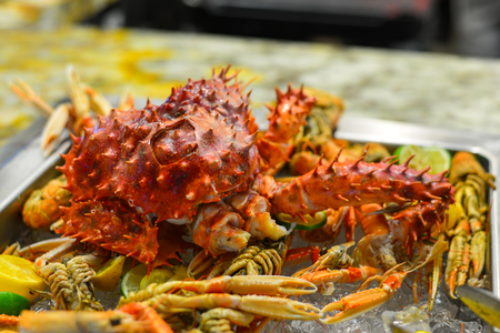 Seafood buffet line of luxury hotel restaurant. Food concept.のeditorial素材