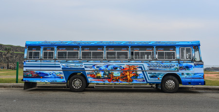 Galle, Sri Lanka - Dec 21, 2018. Local bus running on street in Galle, Sri Lanka. Buses are the most widespread public transport type in Sri Lanka.のeditorial素材