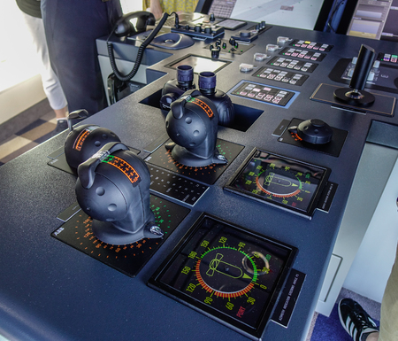 Shanghai, China - Jun 4, 2019. Ship dashboard in Captain control room of Spectrum of the Seas cruise...