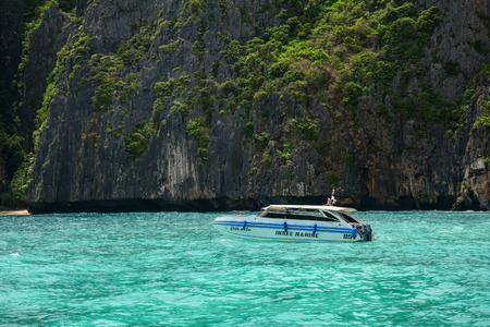 Phuket, Thailand - Jun 20, 2016. Speedboat on the sea in Phuket, Thailand. Phuket is 48 km in length, 21 km at its widest, on the west-facing Andaman Sea coastline.のeditorial素材