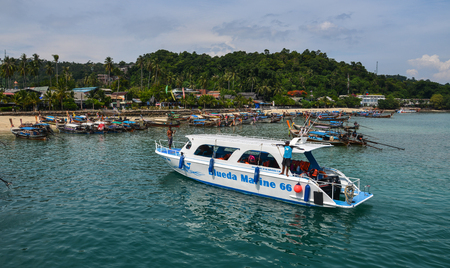 Phuket, Thailand - Apr 27, 2018. Speedboat on the sea in Phuket, Thailand. Phuket is 48 km in length, 21 km at its widest, on the west-facing Andaman Sea coastline.のeditorial素材