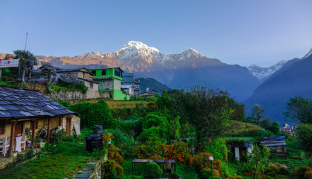 Khopra, Nepal - Oct 22, 2017. Peaceful mountain landscape with teahouse on Annapurna Circuit Trek.のeditorial素材