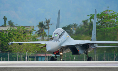 Langkawi, Malaysia - Mar 30, 2019. Royal Malaysian Air Force (TUDM M52-08) Sukhoi SU-30 MKM taxiing...