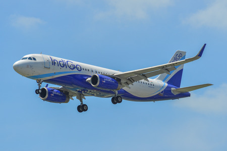 Singapore - Mar 26, 2019. VT-IAY IndiGo Airbus A320 landing at Changi Airport (SIN). Changi hits record 65 million passengers in 2018.のeditorial素材