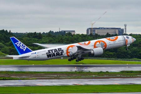 Tokyo, Japan - Jul 4, 2019. JA789A ANA All Nippon Airways Boeing 777-300ER (Star Wars BB-8 Livery) taking-off from Narita Airport (NRT).のeditorial素材