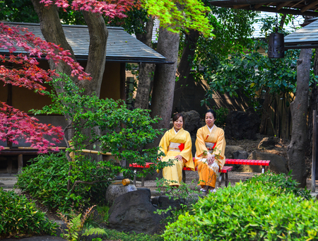 Tokyo, Japan - Apr 7, 2019. Women in kimono sitting at the park in springtime. Kimono is a traditional Japanese costume, for both men and women.のeditorial素材