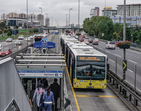 Istanbul, Turkey - Sep 28, 2018. Bus stop (BRT) on highway in Istanbul, Turkey. The construction of the MetrobÃ¼s BRT line began in 2005.のeditorial素材