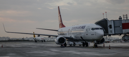 Istanbul, Turkey - Sep 30, 2018. A Boeing 737-800 airplane of Turkish Airlines docking at Istanbul Sabiha Gokcen Airport (SAW).のeditorial素材