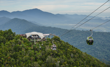 Langkawi, Malaysia - Apr 30, 2018. Mountainscape with cable car on Langkawi Island. View from the observation deck.のeditorial素材