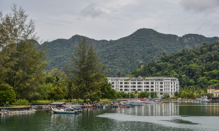 Langkawi, Malaysia - Apr 30, 2018. Boats and yatchs in the port of Langkawi Island. Langkawi is an archipelago made up of 99 islands on Malaysia west coast.のeditorial素材