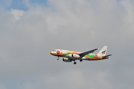 Bangkok, Thailand - Apr 21, 2018. An A320 airplane of Bangkok Airways landing at Bangkok International Airport.のeditorial素材