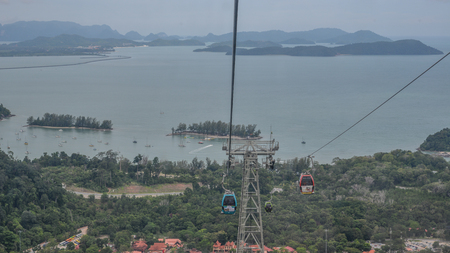 Langkawi, Malaysia - Apr 30, 2018. Mountainscape with cable car on Langkawi Island. View from the observation deck.のeditorial素材