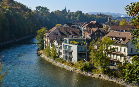 View of the old city center and stone bridge over river Aare in Bern, Switzerland.のeditorial素材