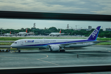 Manila, Philippines - Dec 4, 2018. A 787-9 Dreamliner of All Nippon Airways (ANA) taxiing on runway of Manila NAIA Airport (MNL).のeditorial素材