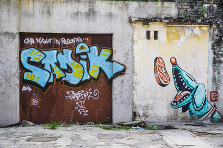 Georgetown, Malaysia - Aug 21, 2014. Penang Street Art, Georgetown Attractions. Beautiful wall painting of children all across historical Georgetown by Ernest Zacharevic.のeditorial素材